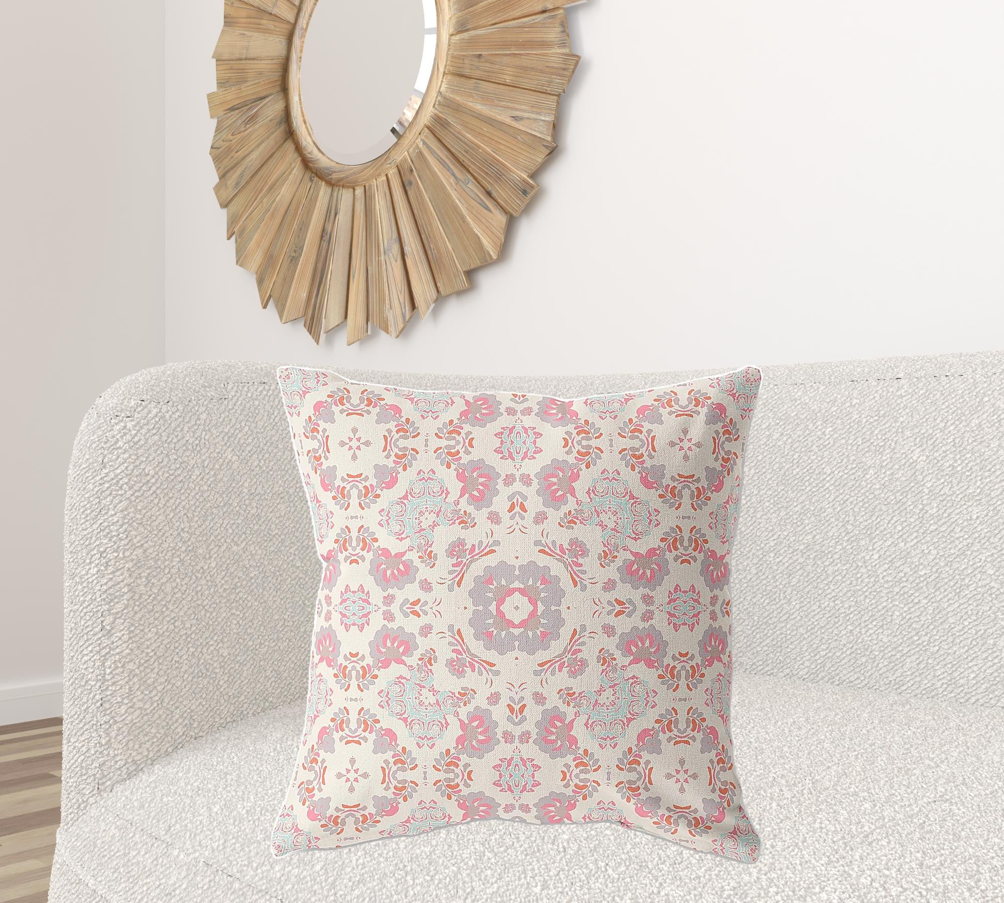 18"x18" Blush And White Zippered Broadcloth Floral Throw Pillow