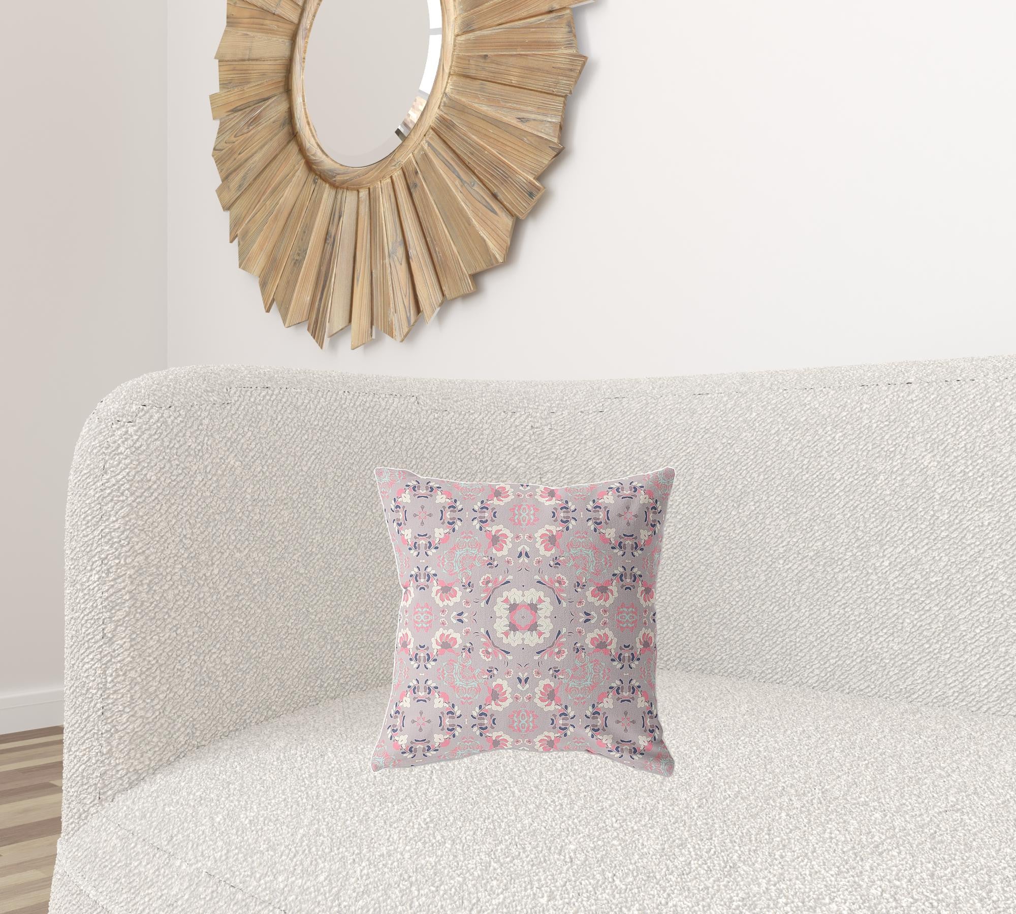 16" X 16" Muted Pink And White Zippered Floral Indoor Outdoor Throw Pillow