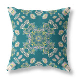 18” Teal Yellow Wreath Indoor Outdoor Zippered Throw Pillow