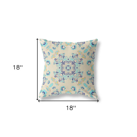 18” Blue Beige Wreath Indoor Outdoor Zippered Throw Pillow