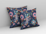 16" Navy Pink Peacock Indoor Outdoor Zip Throw Pillow