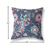 16" Navy Pink Peacock Indoor Outdoor Zip Throw Pillow