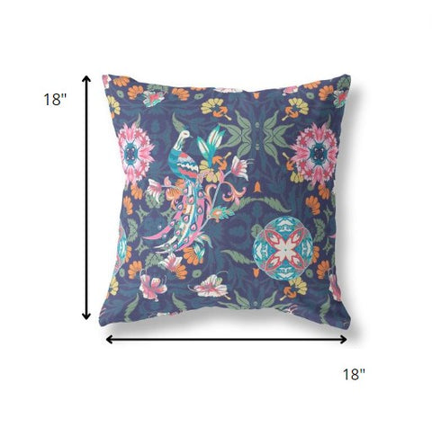 18" Navy Pink Peacock Indoor Outdoor Zip Throw Pillow