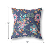 18" Navy Pink Peacock Indoor Outdoor Zip Throw Pillow