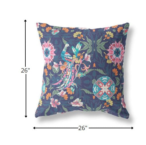 18" Navy Pink Peacock Indoor Outdoor Zip Throw Pillow