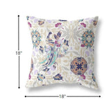 18" White Purple Peacock Indoor Outdoor Zip Throw Pillow