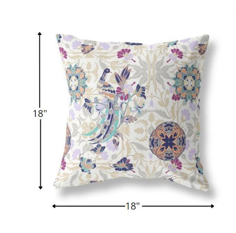 18" White Purple Peacock Indoor Outdoor Zip Throw Pillow