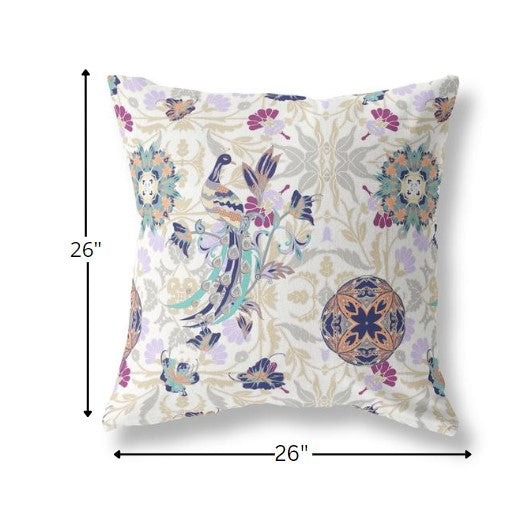 18" White Purple Peacock Indoor Outdoor Zip Throw Pillow