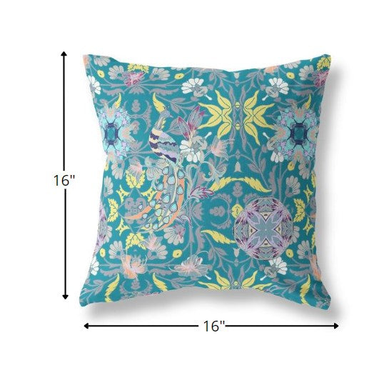 16" Teal Yellow Peacock Indoor Outdoor Zip Throw Pillow