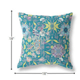 18" Teal Yellow Peacock Indoor Outdoor Zip Throw Pillow