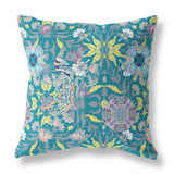 18" Teal Yellow Peacock Indoor Outdoor Zip Throw Pillow