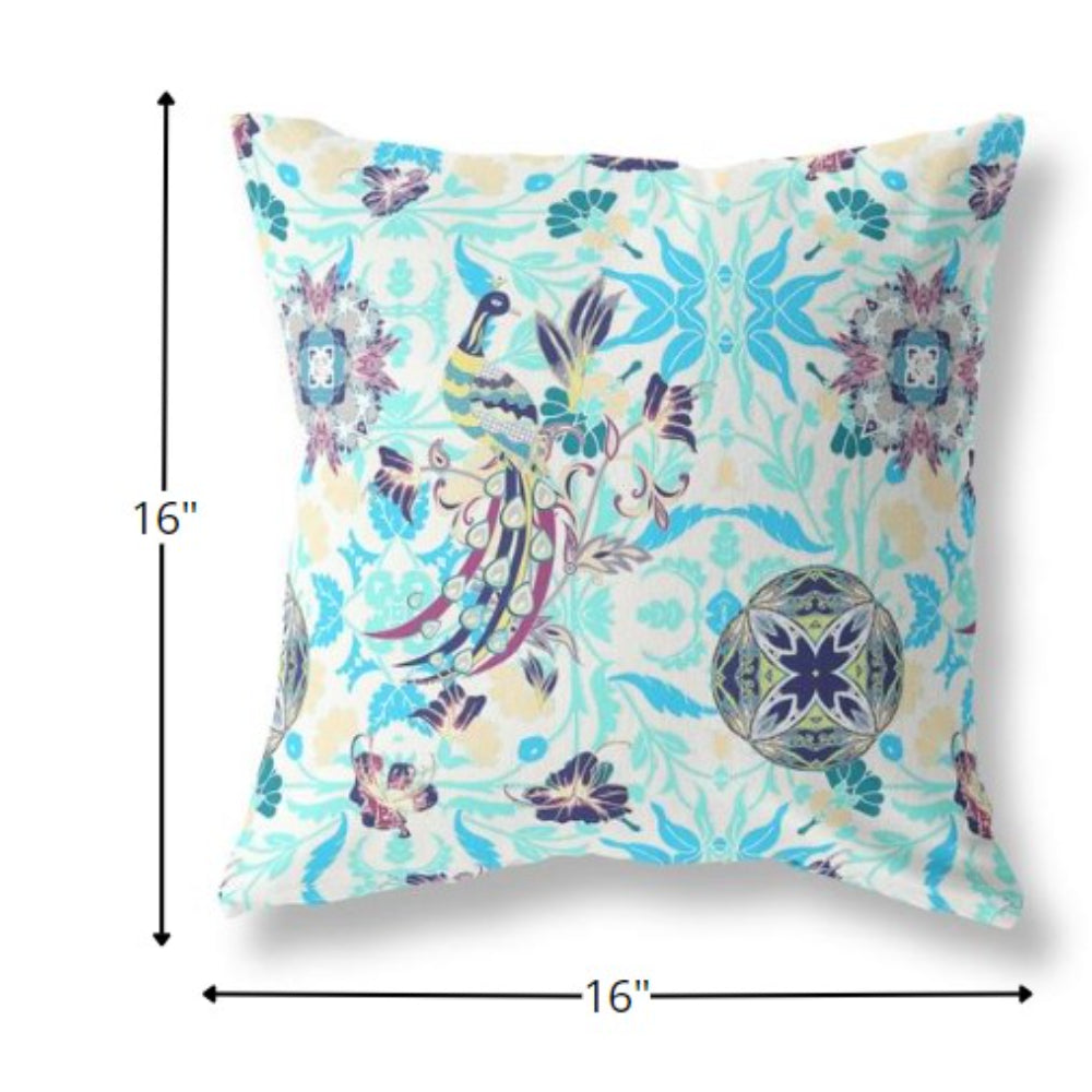 16" White Blue Peacock Indoor Outdoor Zip Throw Pillow