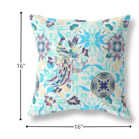 16" White Blue Peacock Indoor Outdoor Zip Throw Pillow