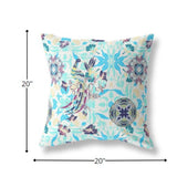 18" White Blue Peacock Indoor Outdoor Zip Throw Pillow