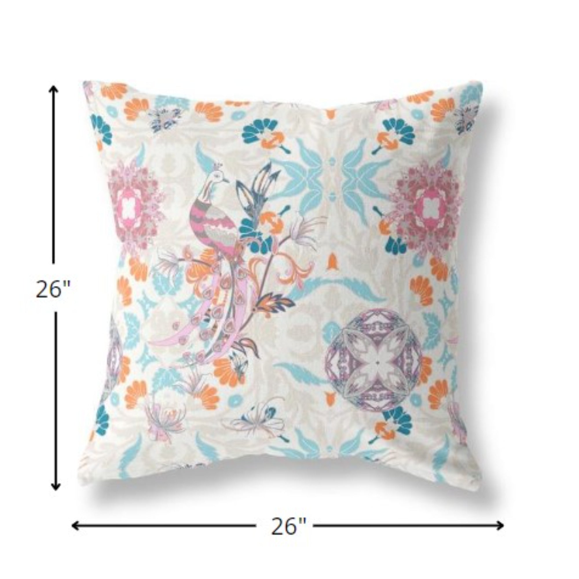 18" Pink Blue Peacock Indoor Outdoor Zip Throw Pillow