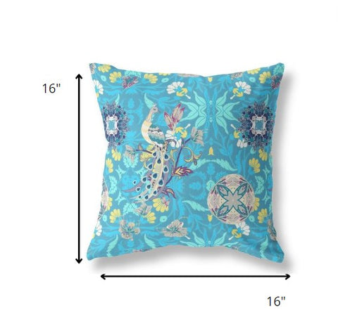 16" Turquoise Peacock Indoor Outdoor Zip Throw Pillow