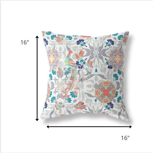 16" White Orange Peacock Indoor Outdoor Zip Throw Pillow