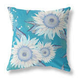 16" Aqua White Sunflower Indoor Outdoor Zippered Throw Pillow