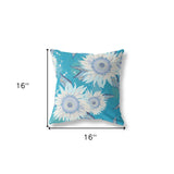 16" Aqua White Sunflower Indoor Outdoor Zippered Throw Pillow