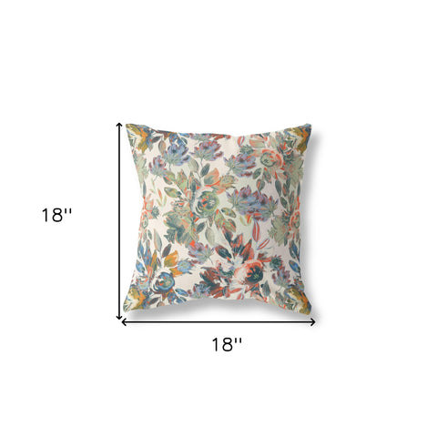 18” Green Beige Florals Indoor Outdoor Zippered Throw Pillow