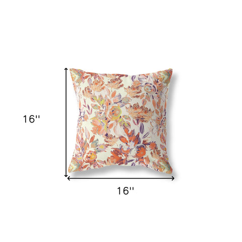 16” Peach Cream Florals Indoor Outdoor Zippered Throw Pillow