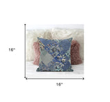 16" Blue Gray Floral Suede Throw Pillow