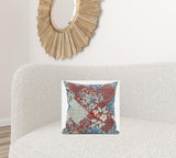 16" Aqua Red Floral Suede Throw Pillow