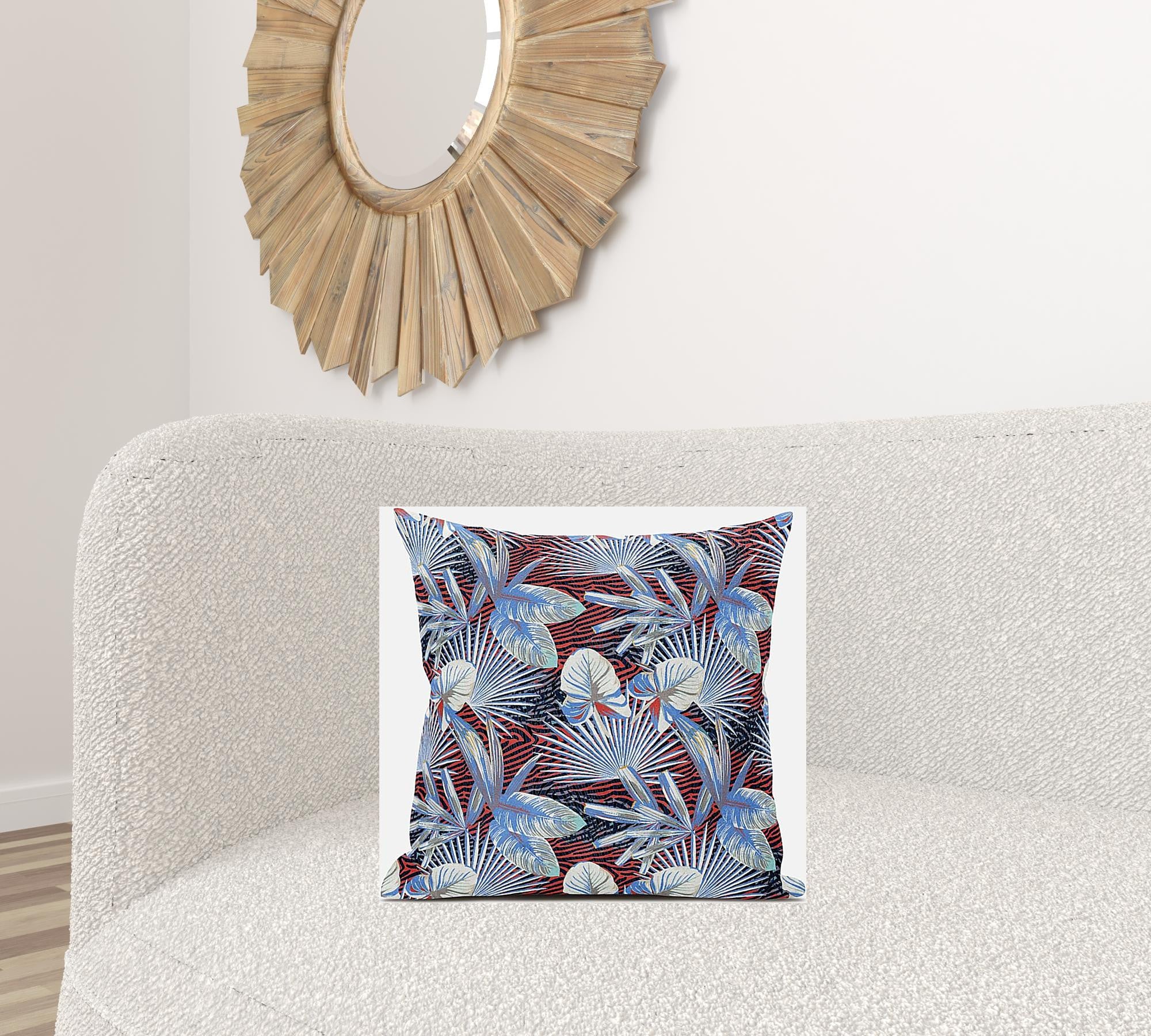 18” Blue Red Tropical Suede Throw Pillow