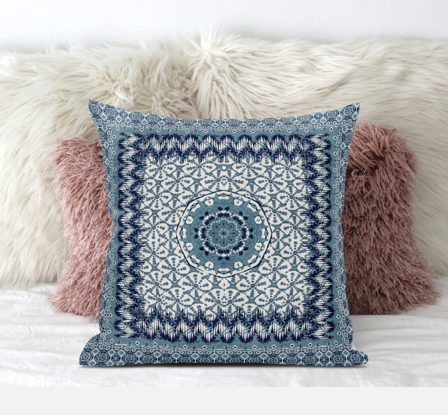 16” Blue White Holy Floral Suede Throw Pillow