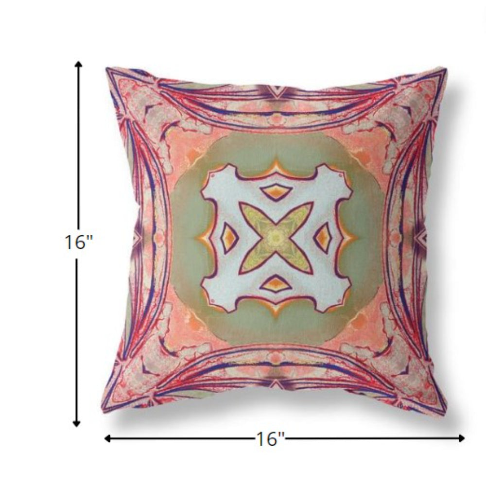 16” Magenta Green Geo Tribal Indoor Outdoor Throw Pillow