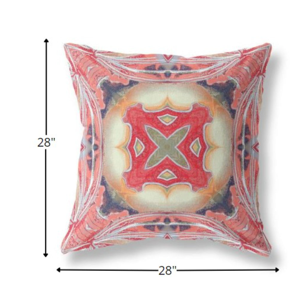 18” Peach Red Geo Tribal Indoor Outdoor Throw Pillow