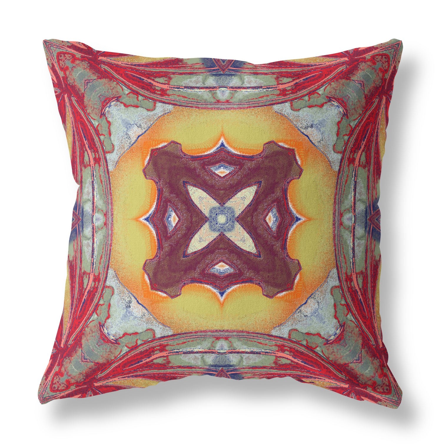 16” Red Yellow Geo Tribal Indoor Outdoor Throw Pillow