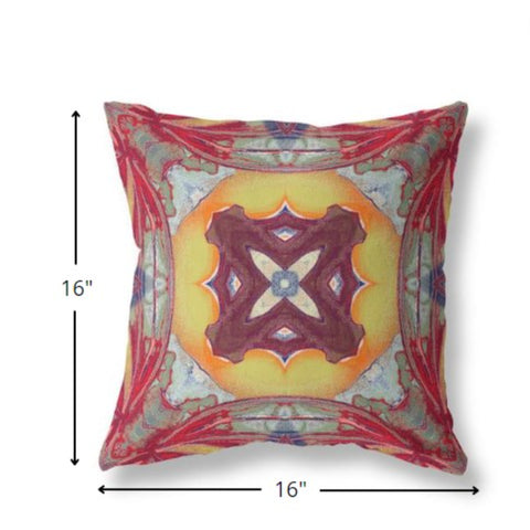 16” Red Yellow Geo Tribal Indoor Outdoor Throw Pillow