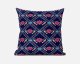 16" X 16" Indigo And Pink Blown Seam Geometric Indoor Outdoor Throw Pillow