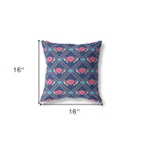 16" X 16" Indigo And Pink Blown Seam Geometric Indoor Outdoor Throw Pillow