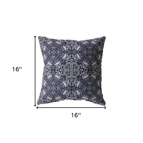 16" Navy Boho Pattern Indoor Outdoor Throw Pillow