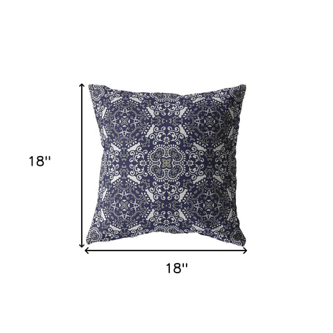 18" Navy Boho Pattern Indoor Outdoor Throw Pillow