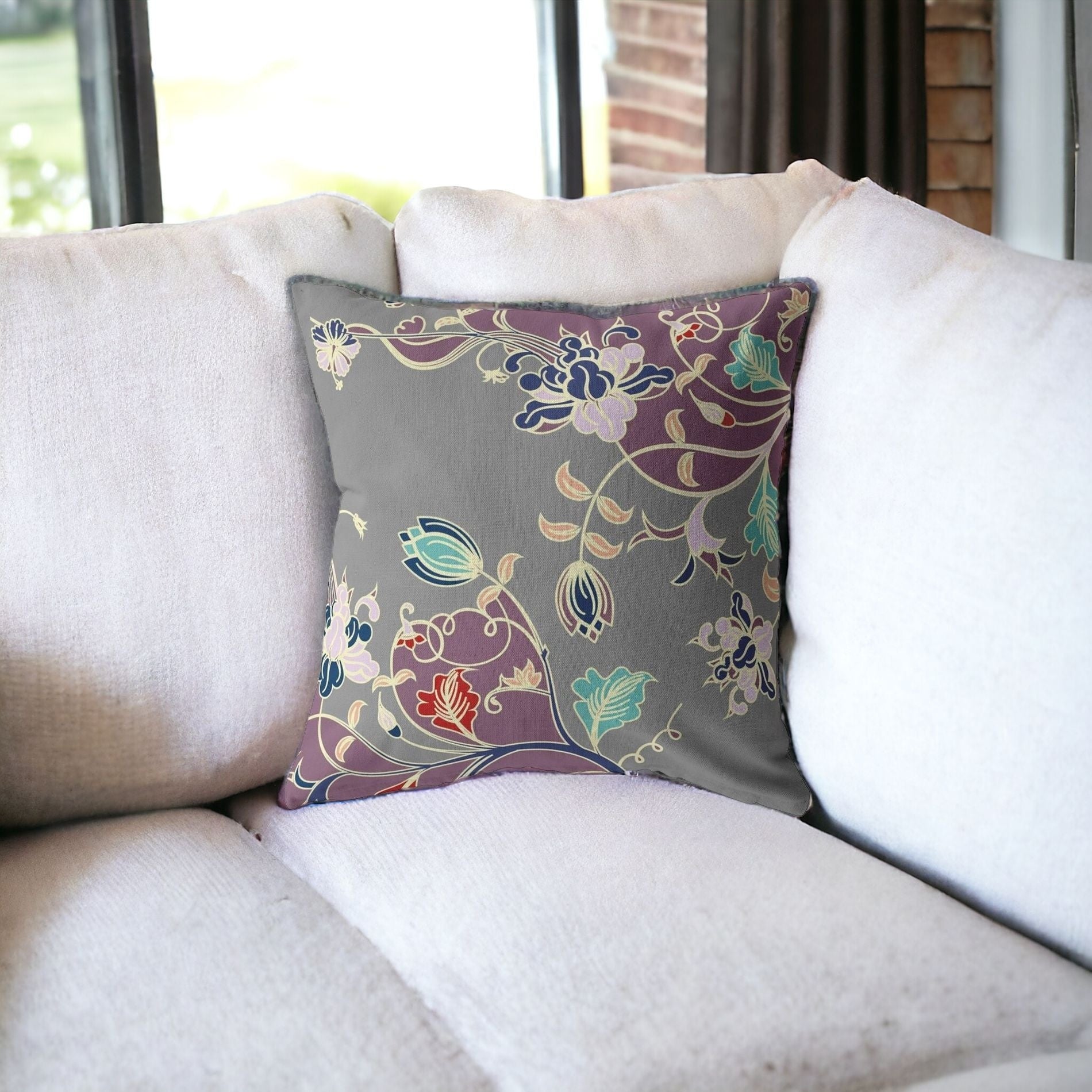 18" Purple Gray Garden Indoor Outdoor Throw Pillow