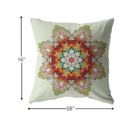 16" Orange Green Mandala Indoor Outdoor Throw Pillow