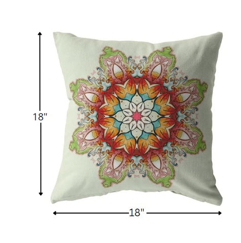 18" Orange Green Mandala Indoor Outdoor Throw Pillow