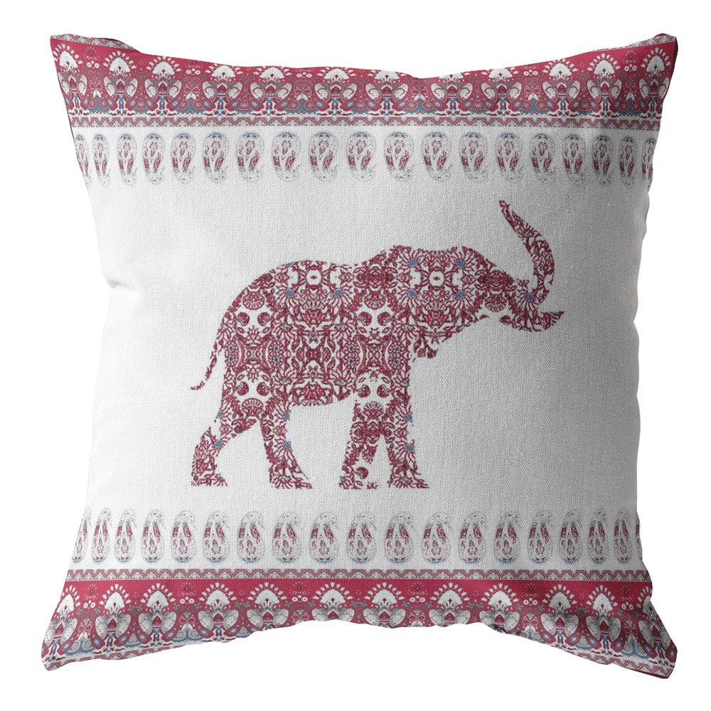 16” Red White Ornate Elephant Indoor Outdoor Throw Pillow