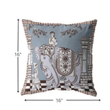 16” Blue Brown Ornate Elephant Indoor Outdoor Throw Pillow