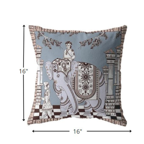 16” Blue Brown Ornate Elephant Indoor Outdoor Throw Pillow