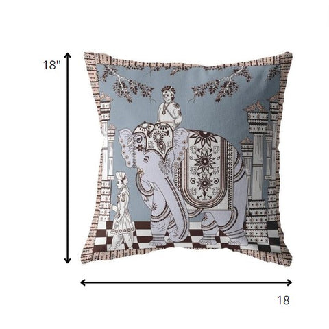 18” Blue Brown Ornate Elephant Indoor Outdoor Throw Pillow