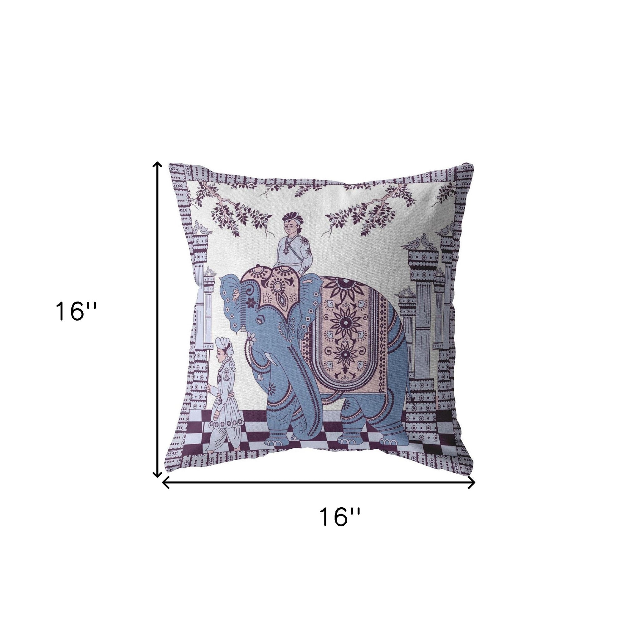 16” Blue Purple Ornate Elephant Indoor Outdoor Throw Pillow