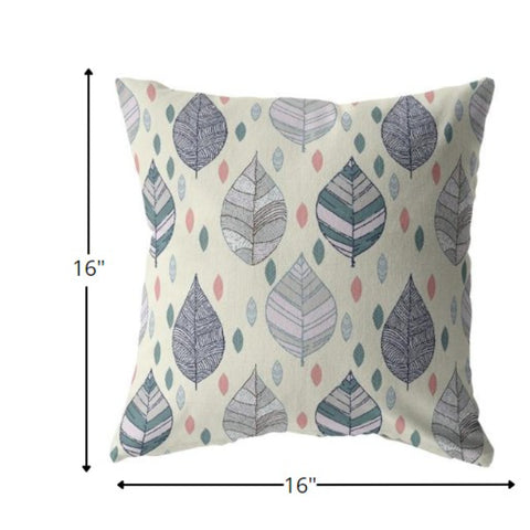 16” Cream Gray Leaves Indoor Outdoor Throw Pillow