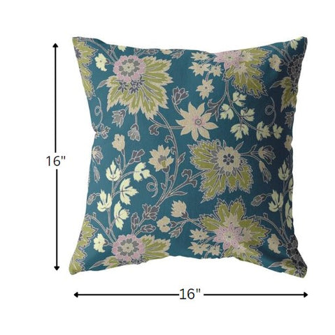 16” Teal Green Jacobean Indoor Outdoor Throw Pillow