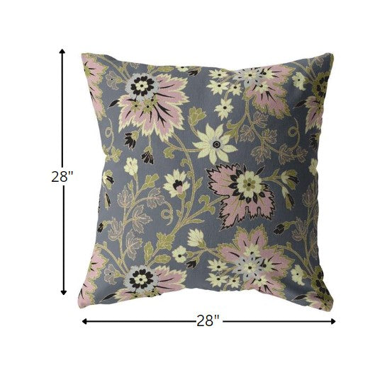 18” Gray Pink Jacobean Indoor Outdoor Throw Pillow