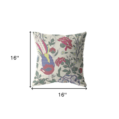 16” Pink Sage Peacock Indoor Outdoor Throw Pillow