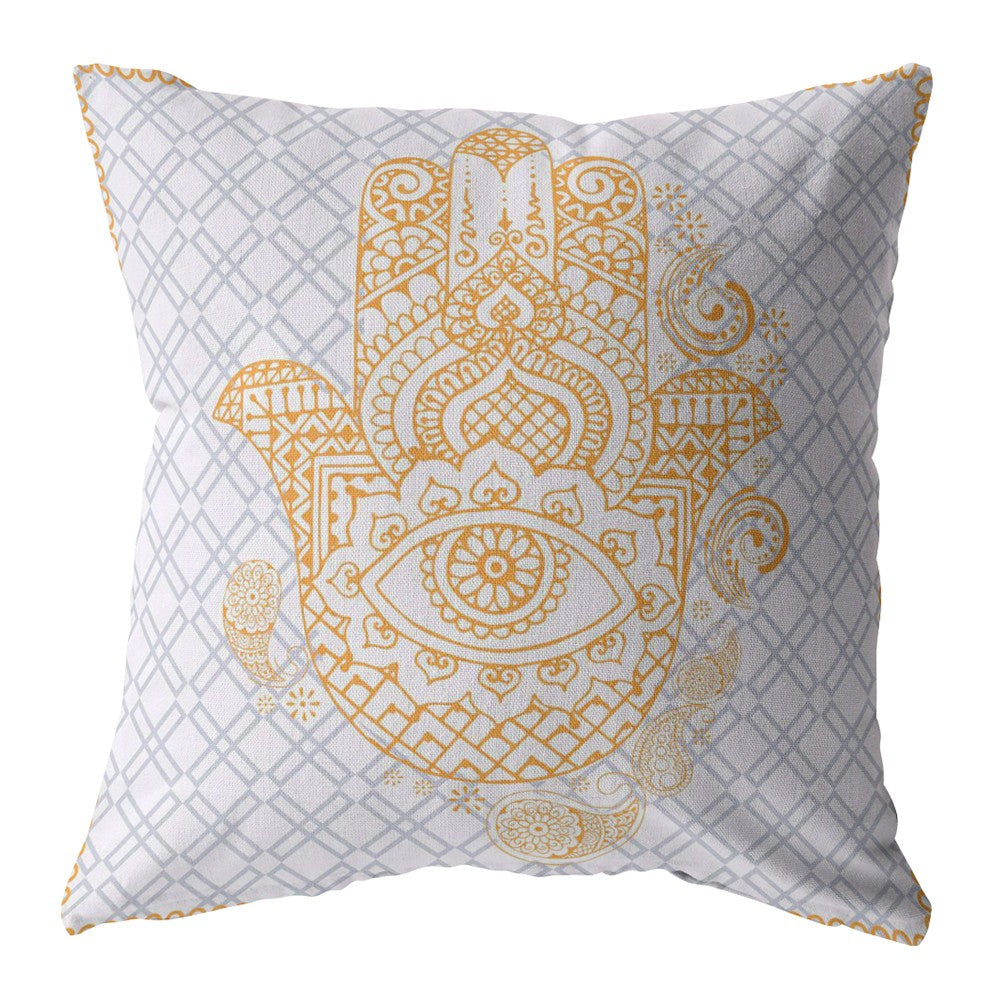 16” Gold Gray Hamsa Indoor Outdoor Throw Pillow